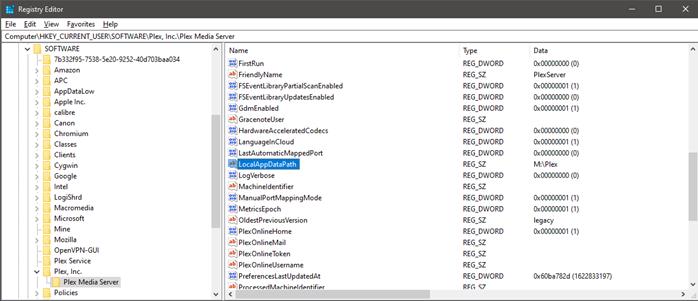 The Plex LocalAppDataPath Value in the Windows Registry.